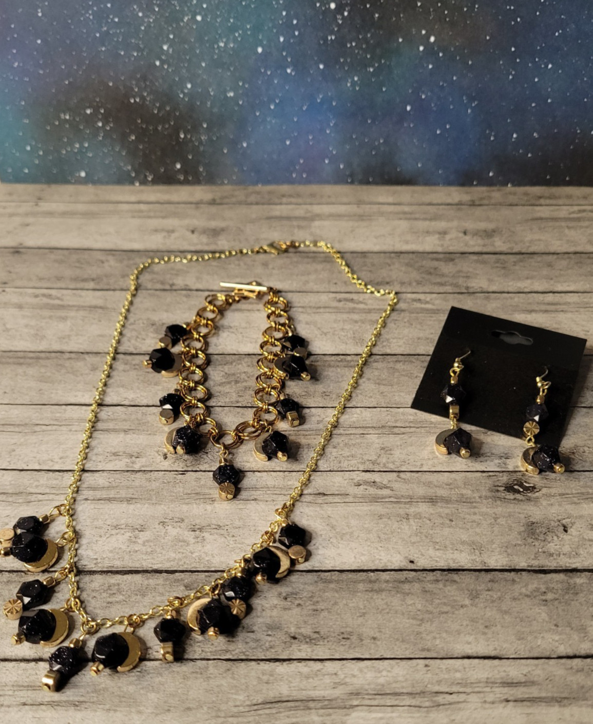 3-Piece Set made with Blue Sandstone and Gold Plated Moon Charms and Findings