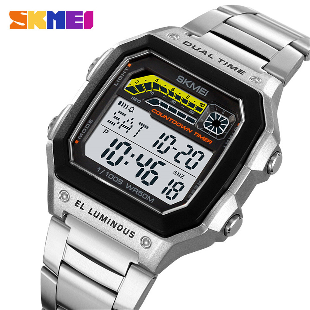 SKMEI Men Digital Watch Countdown LED Wristwatch Stainless Steel Males Watches