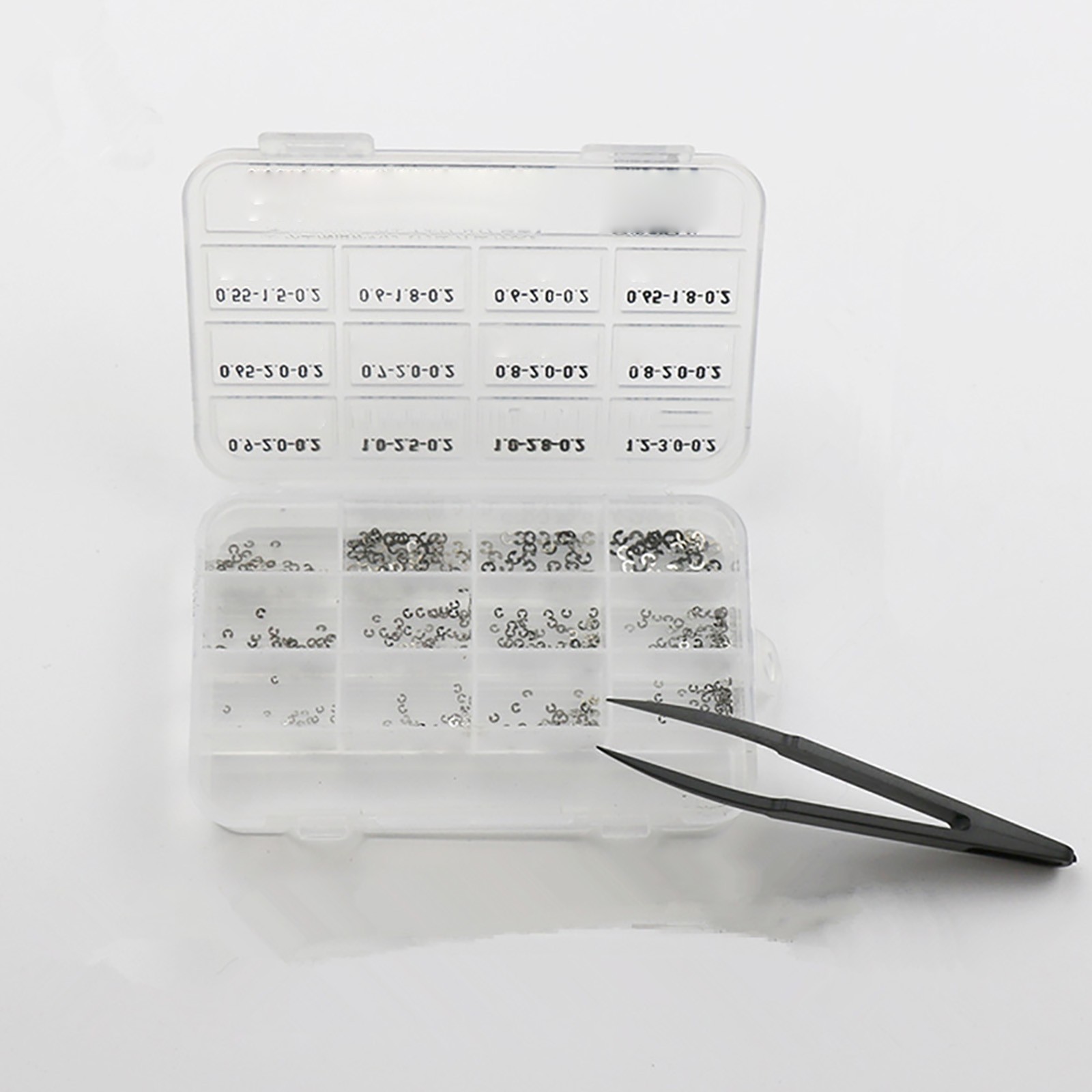 360Pack 0.2mm 12 Sizes Assorted Watch Circlip E-Clips Snap Ring Latch Pusher Box