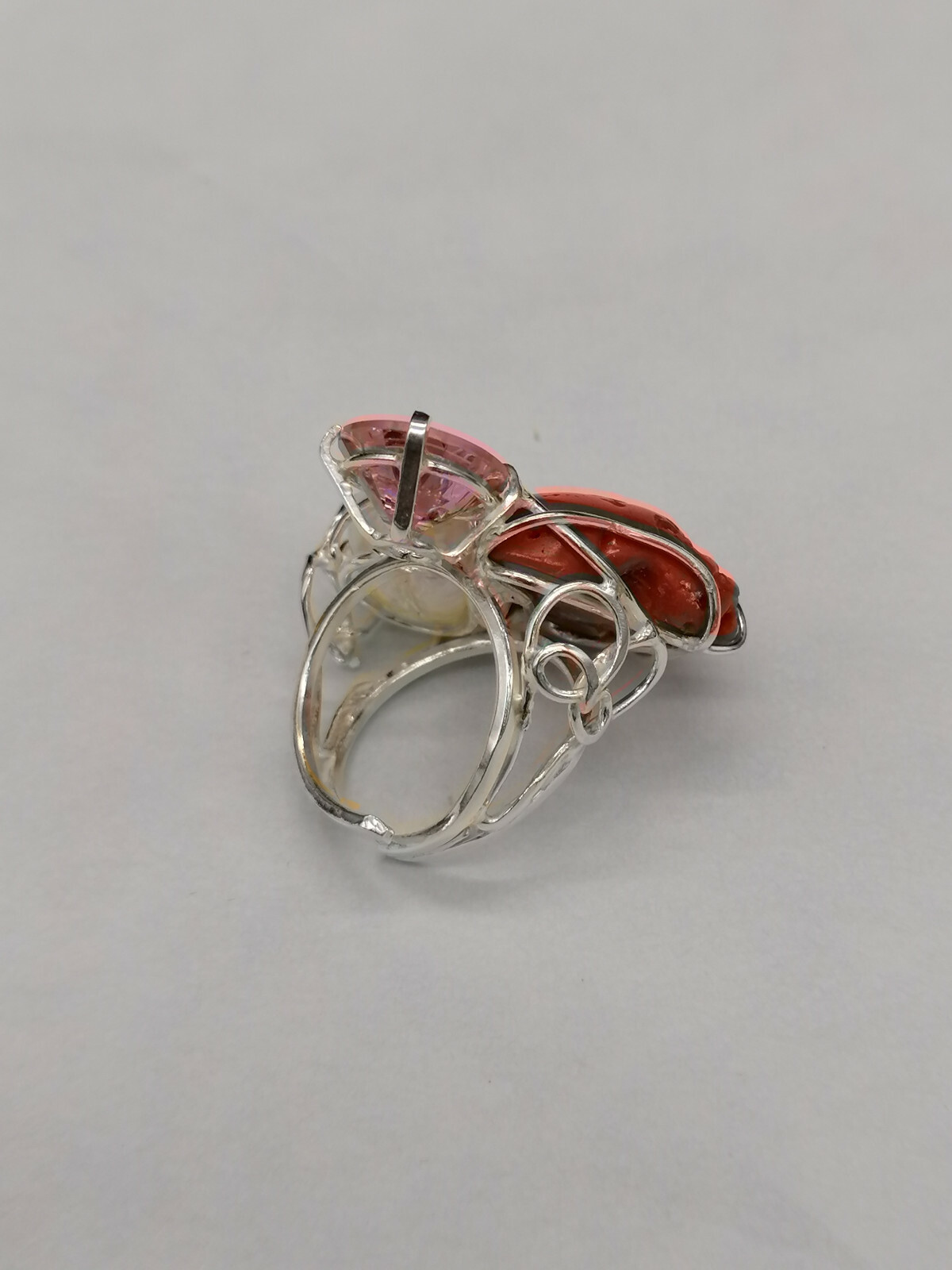 anello donna vero corallo rosso perla bianca swarovski rosa in argento bianco