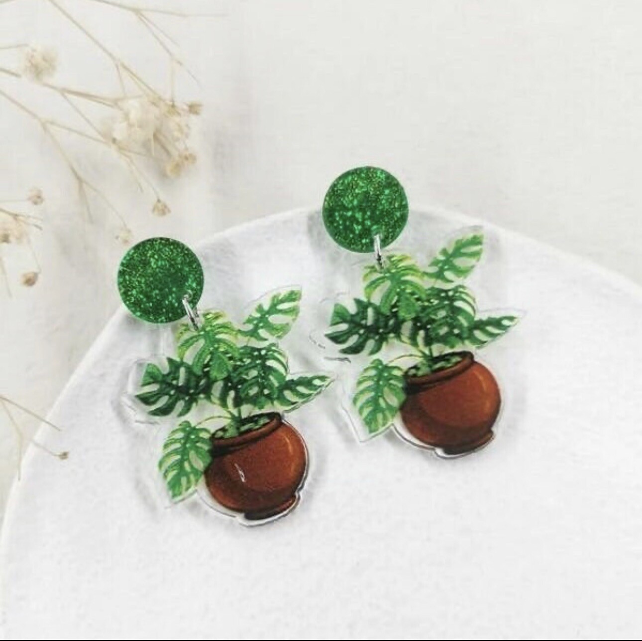 Monstera Leaf Potted Plant Earrings Acrylic Statement Jewelry Plant Lady NEW