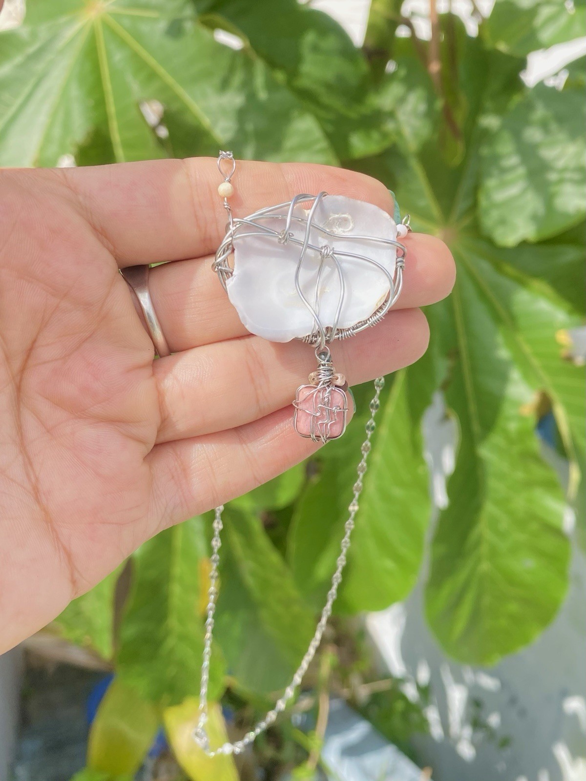 Handmade Aguadilla Seashell Necklace – Unakite & Jasper – Wire Wrapped Steel