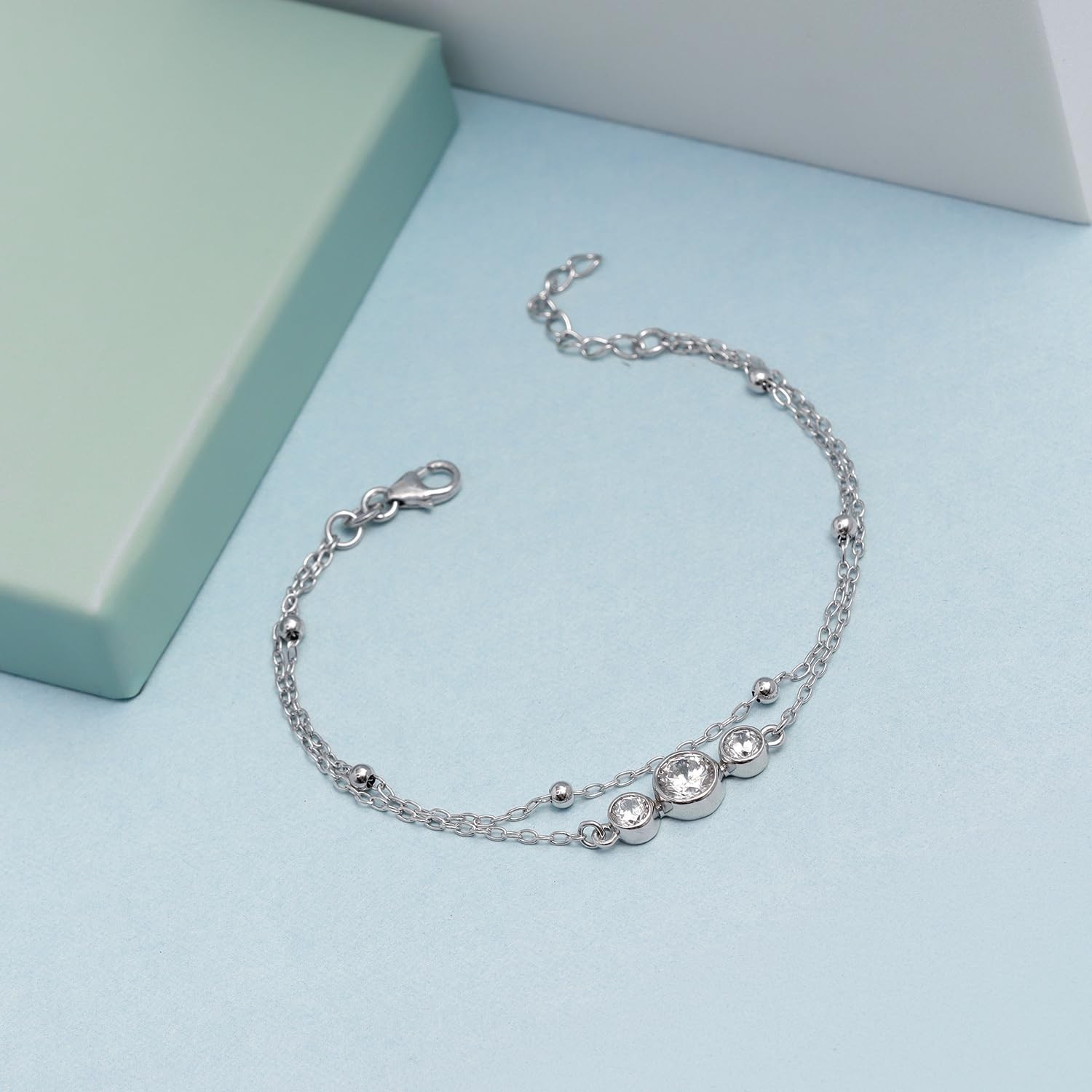 925 Sterling Silver Rhodium-Plated 3 CZ Layered Bracelets for Women 7.5 Inches
