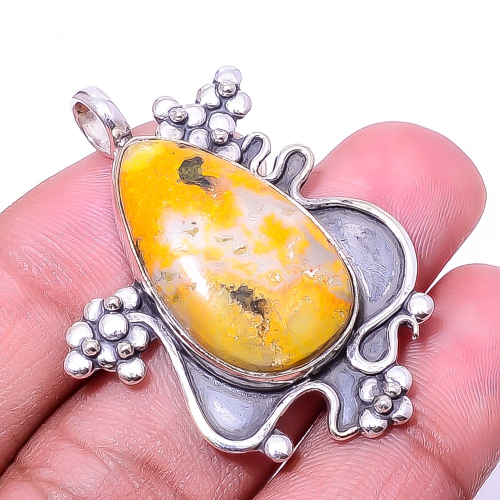 Natural Bumble Bee Jasper Oxidised 925 Sterling Silver Pendant 1.72″ P32