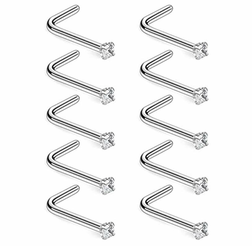 10PCS 20G Surgical Steel L Shaped Mix Color CZ Nose Stud Rings Piercing Jewelry