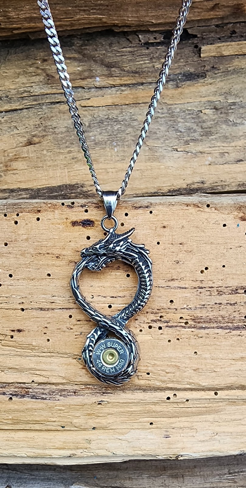 Large Stainless Steel Dragon Bullet Necklace. 44 Mag Bullet. Optional Crystal.