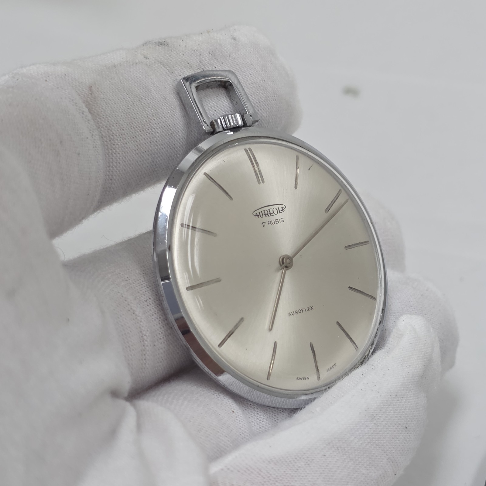 Vintage Aureole Pocket Watch Slim Silver Tone Auroflex Mechanical Wind Up Swiss