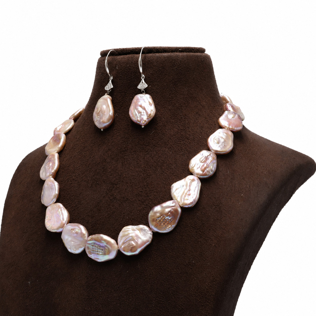 Genuine Natural Peach Baroque Pearl Necklace Earrings Set AA Quality 16 Inch