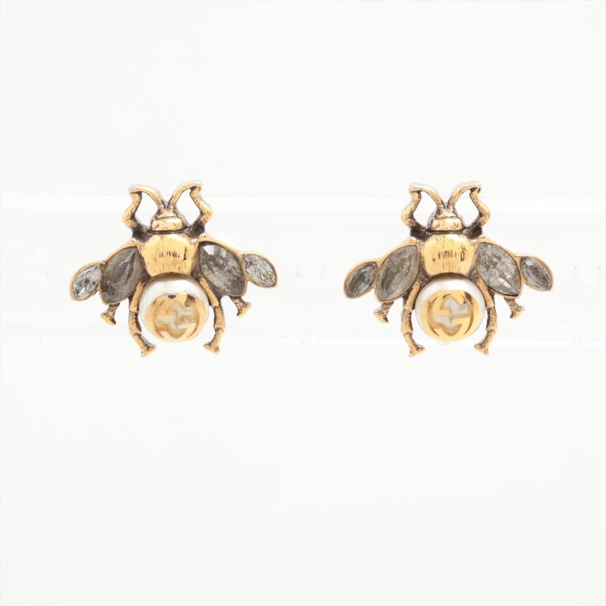 Gucci Bee Stud Earrings Faux Pearl GG Logo Gold Earrings Rhinestone Interlocking