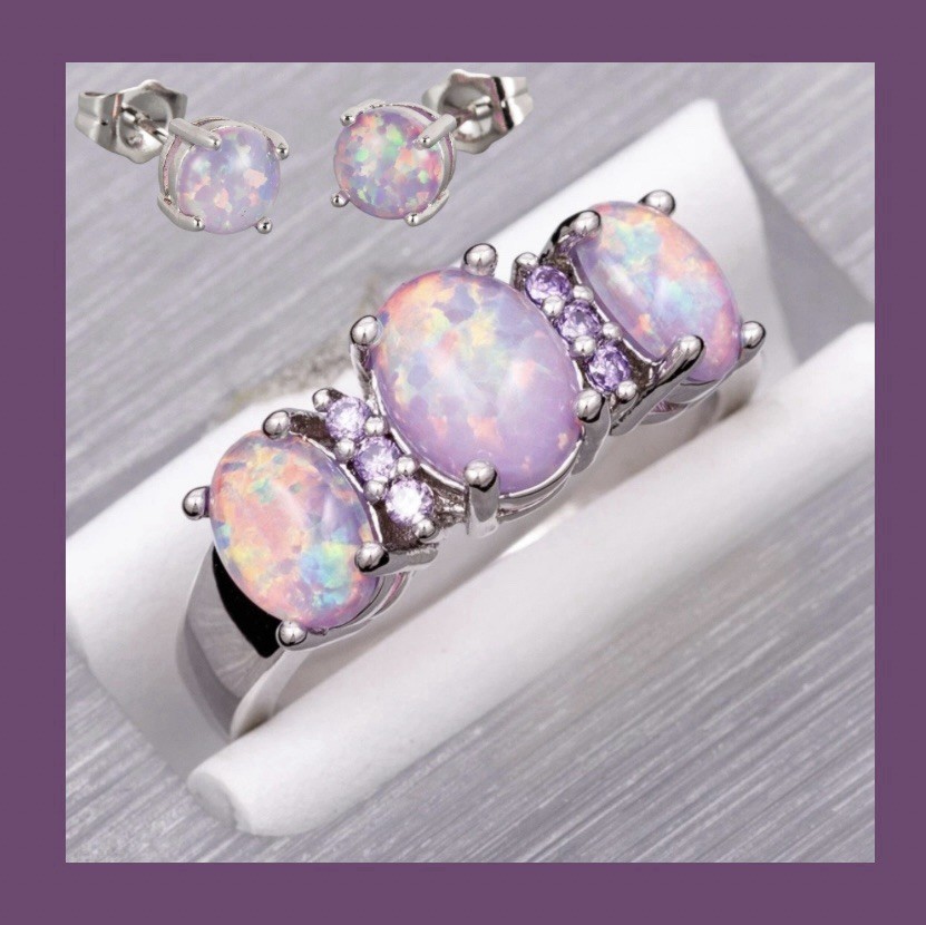 Stunning Lavender Purple Fire Opal Three-Stone Ring Sz 9 & 6mm Stud Earrings Set