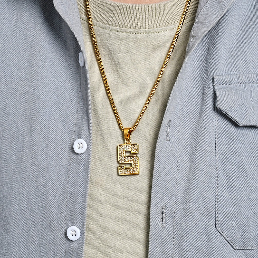 Men Bling Lucky Number Pendant Necklace Stainless Steel Sports Hip Hop Iced out