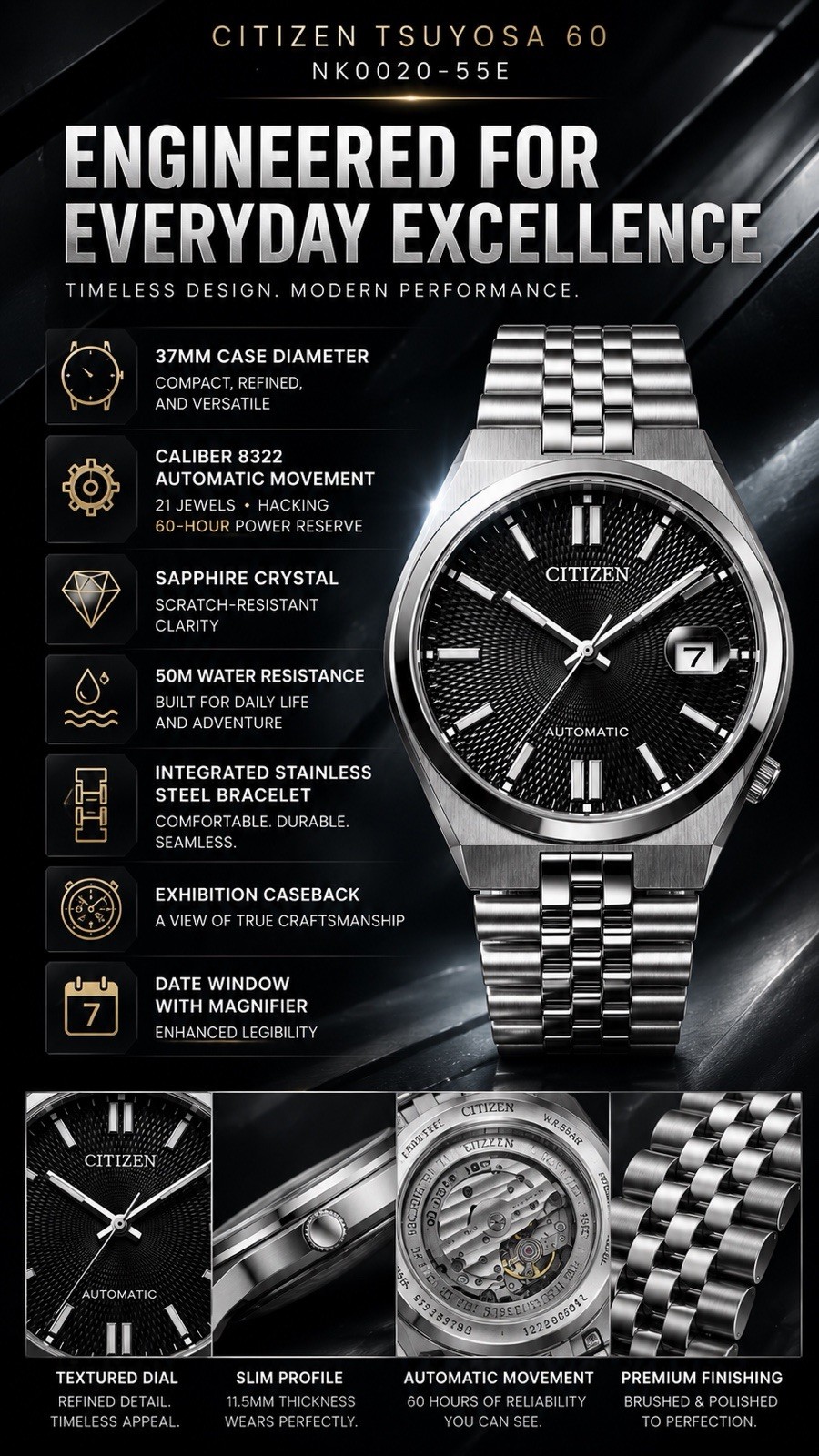 Citizen Tsuyosa 60 NK0020-55E Automatic 37mm Black Dial Sapphire Watch