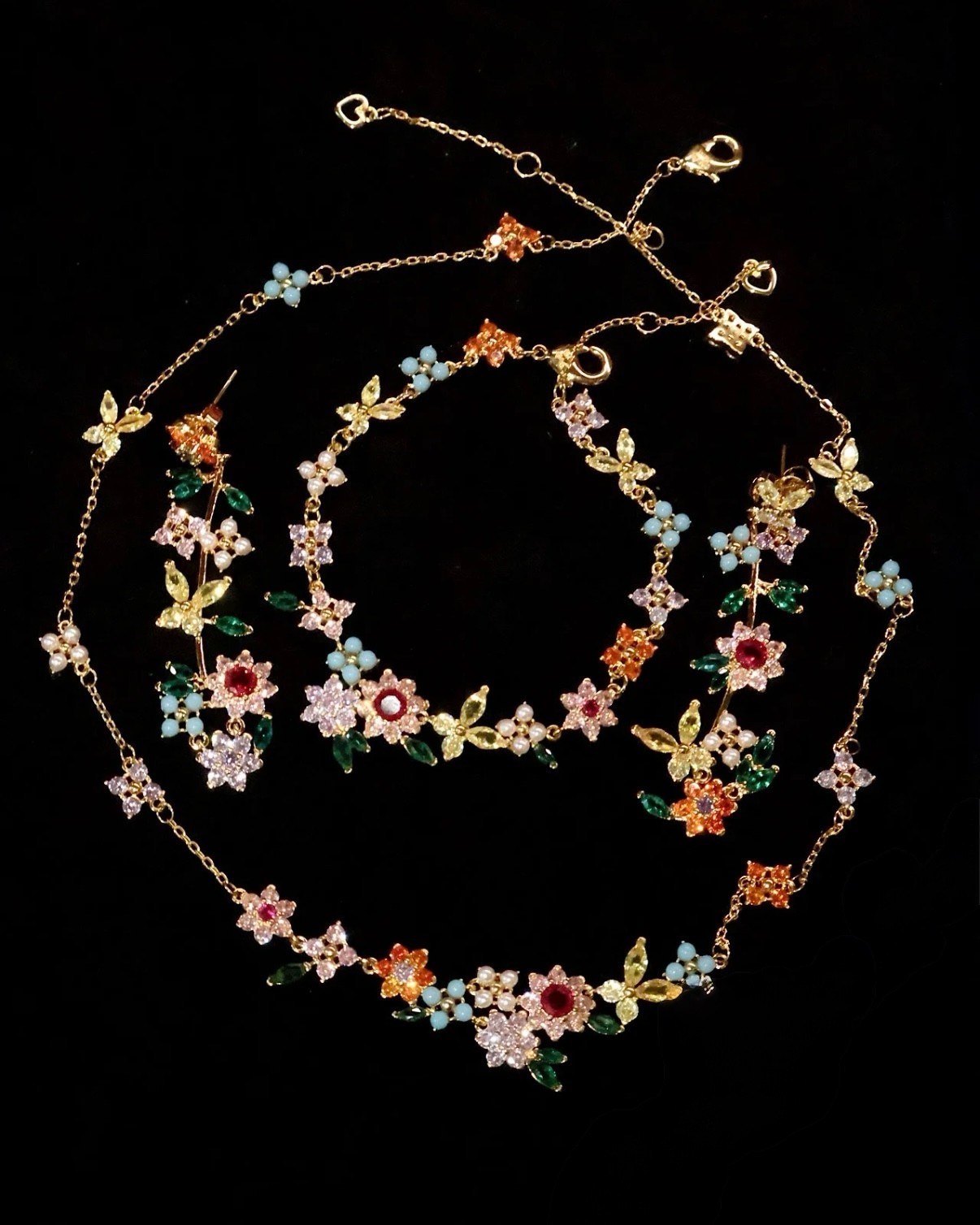 Floral Crystal Jewelry Set – Colorful Statement Necklace, Bracelet & Earrings