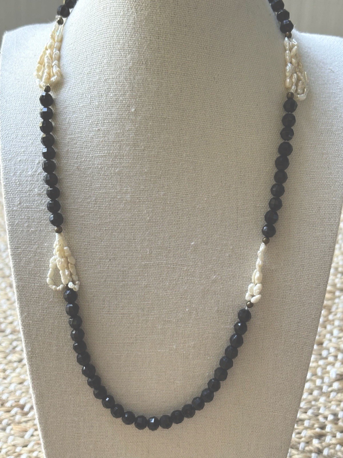 Vintage Mid-20th Century Faceted Black Onyx & Baroque Freshwater Pearl Necklace