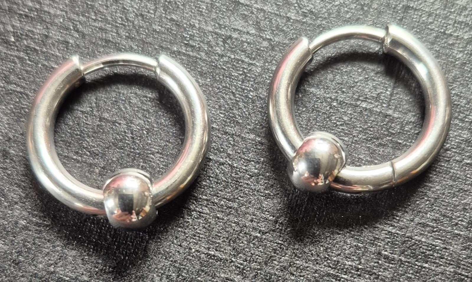 Silver Tone Hinged Huggie Hoop Earrings Ball Accent Round Lobe No Stone