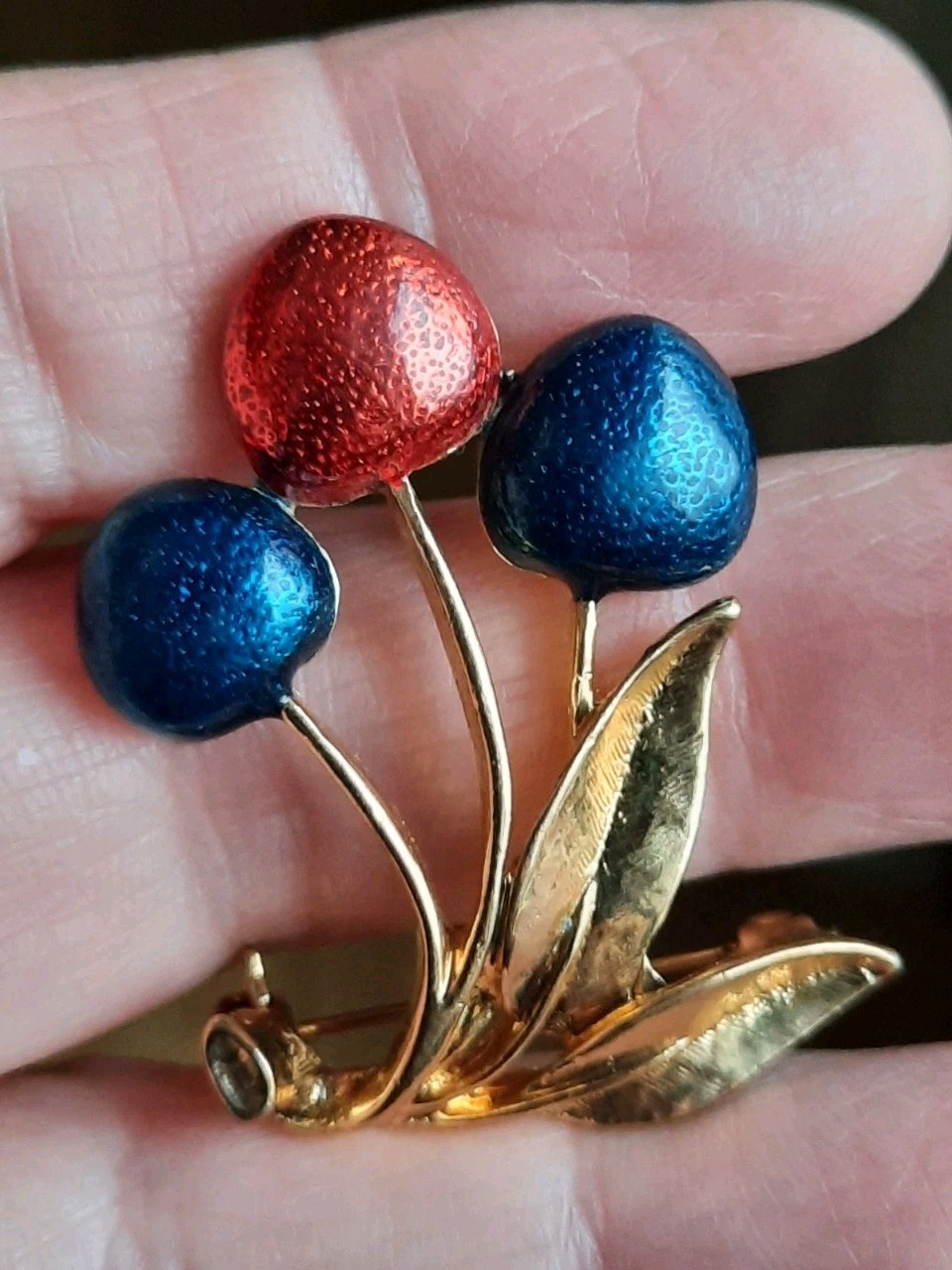 Vintage Brooch Fruit Cherries Pin Red Blue Enamel Gold Tone 1980s American Diner