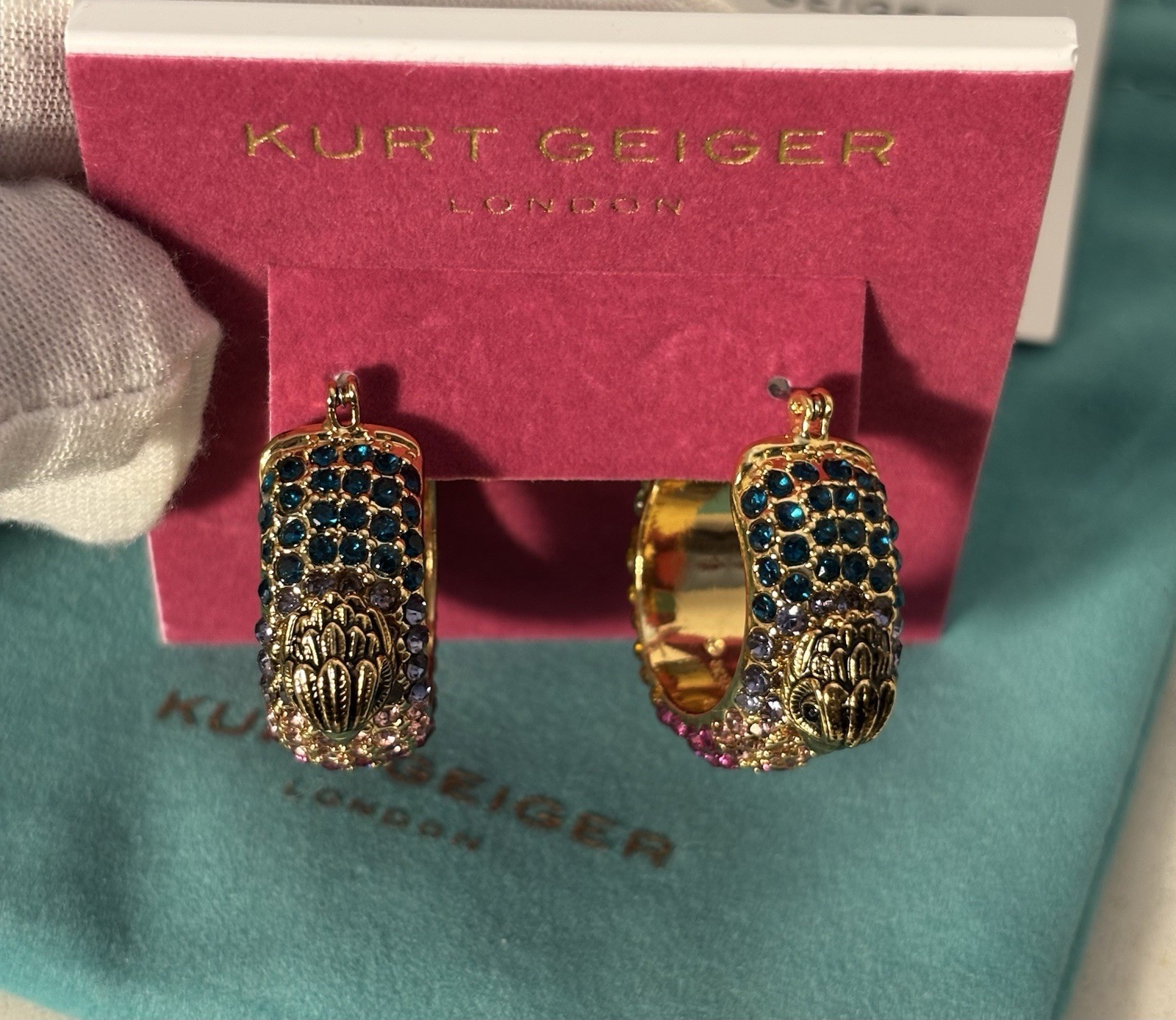 Kurt Geiger London Rainbow Crystal Eagle Hoop Earrings Gold Tone NWT