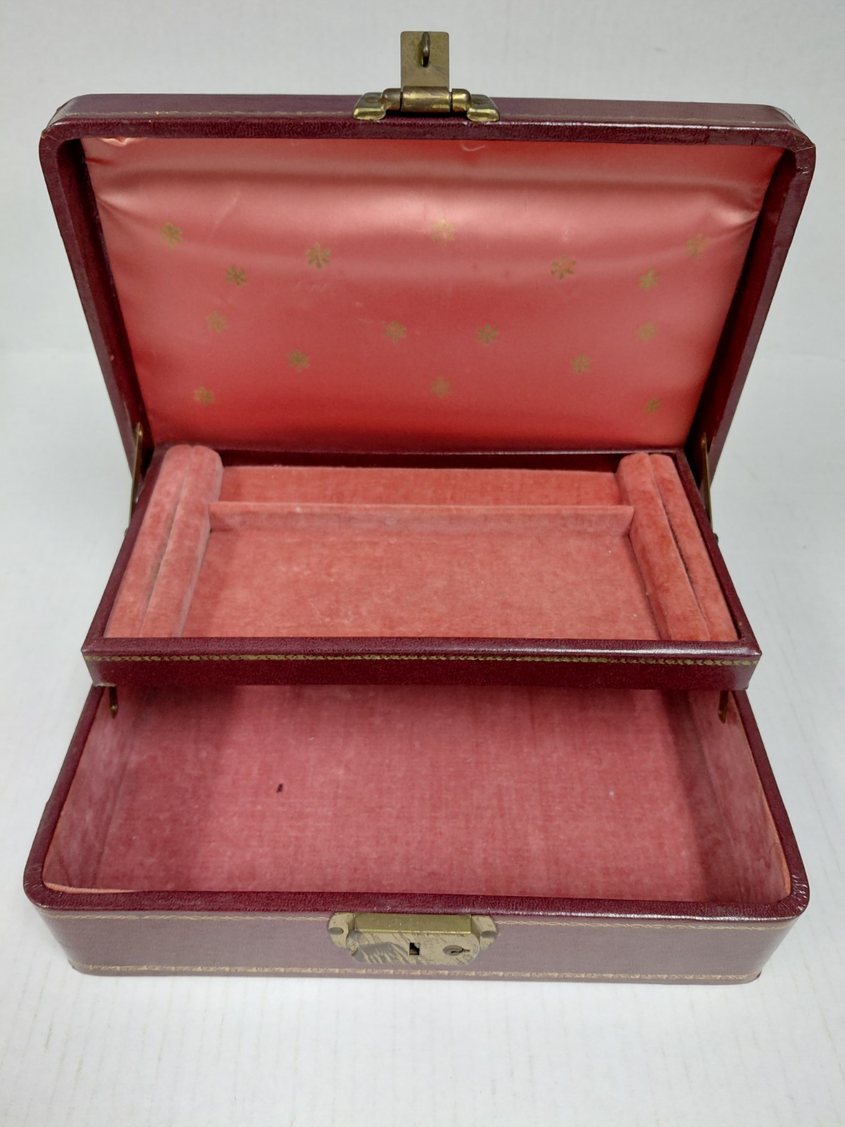 Vintage Leather Jewelry Box Brass Clasp Embossed Gold