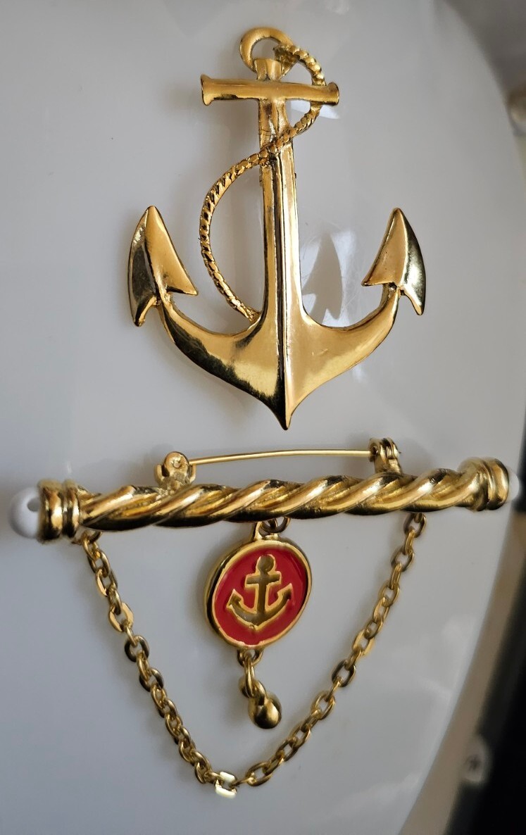 2- Anchors Brooches. 1- Bar And Chain With Dangling Anchor/ Other Gold Tone