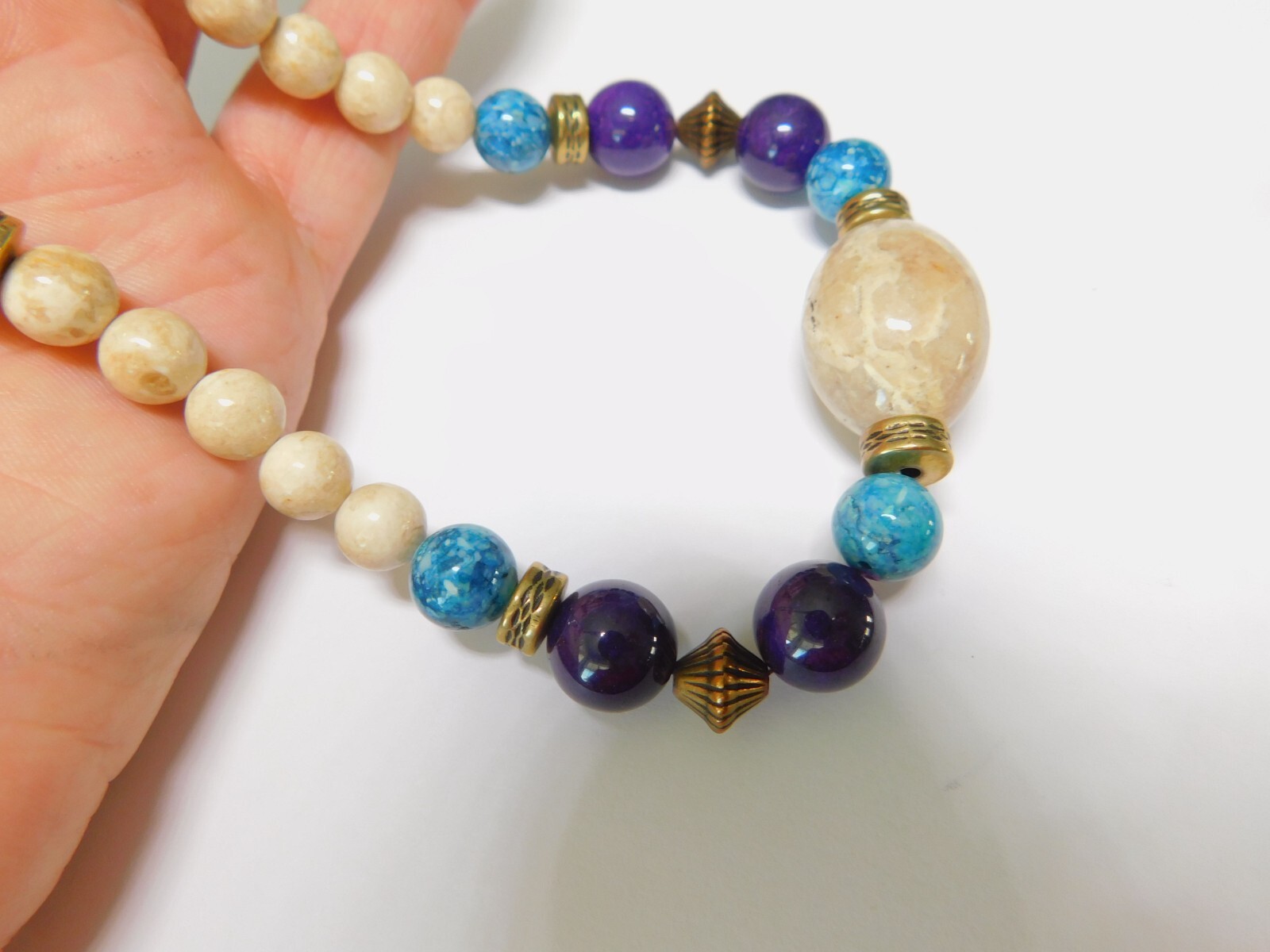Blue Beige Purple Glass Natural Stone Gold Tone Beaded Necklace Vintage
