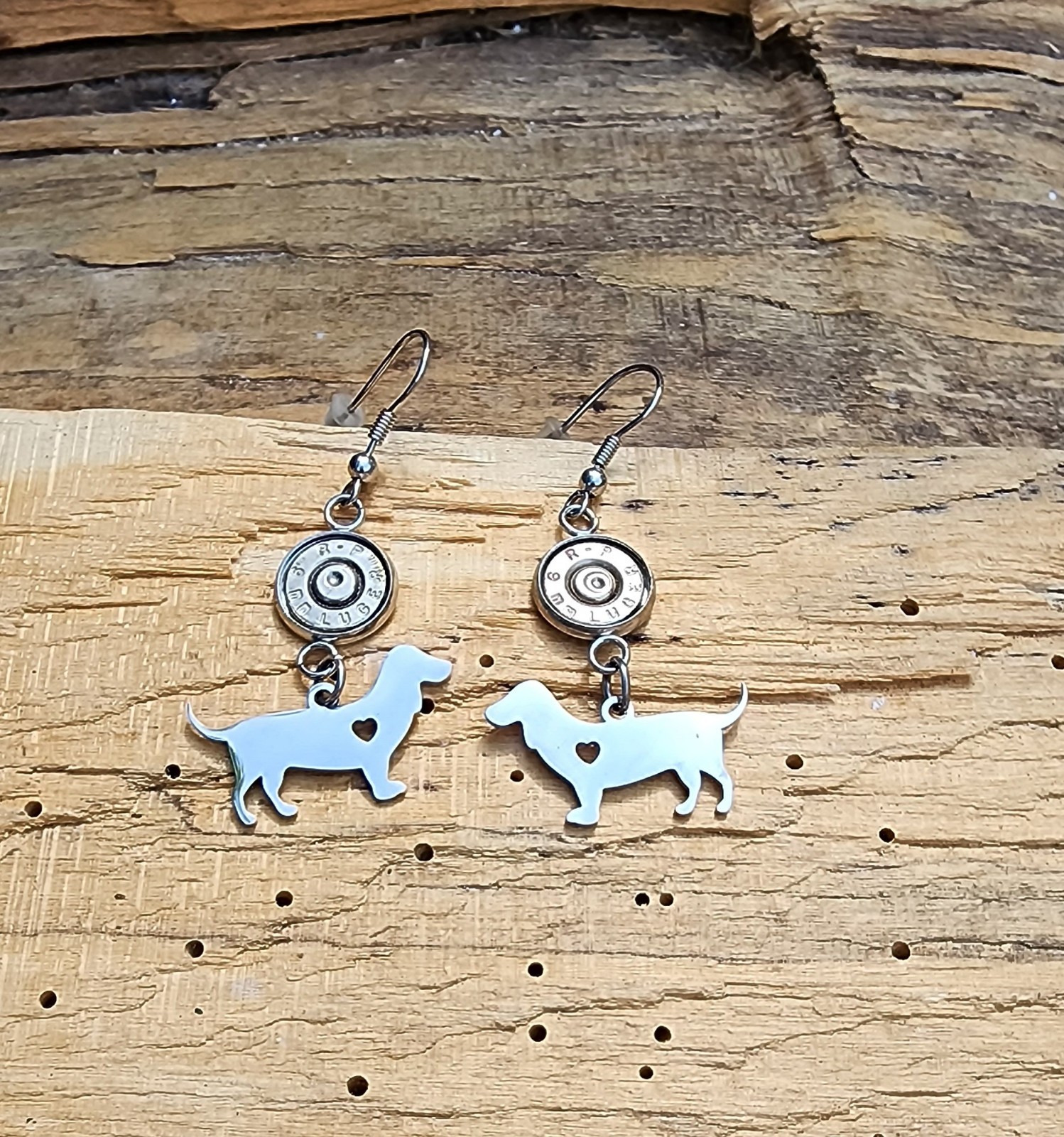 Stainless Steel Bullet Earrings with Dachshund Charms. Optional Crystals.