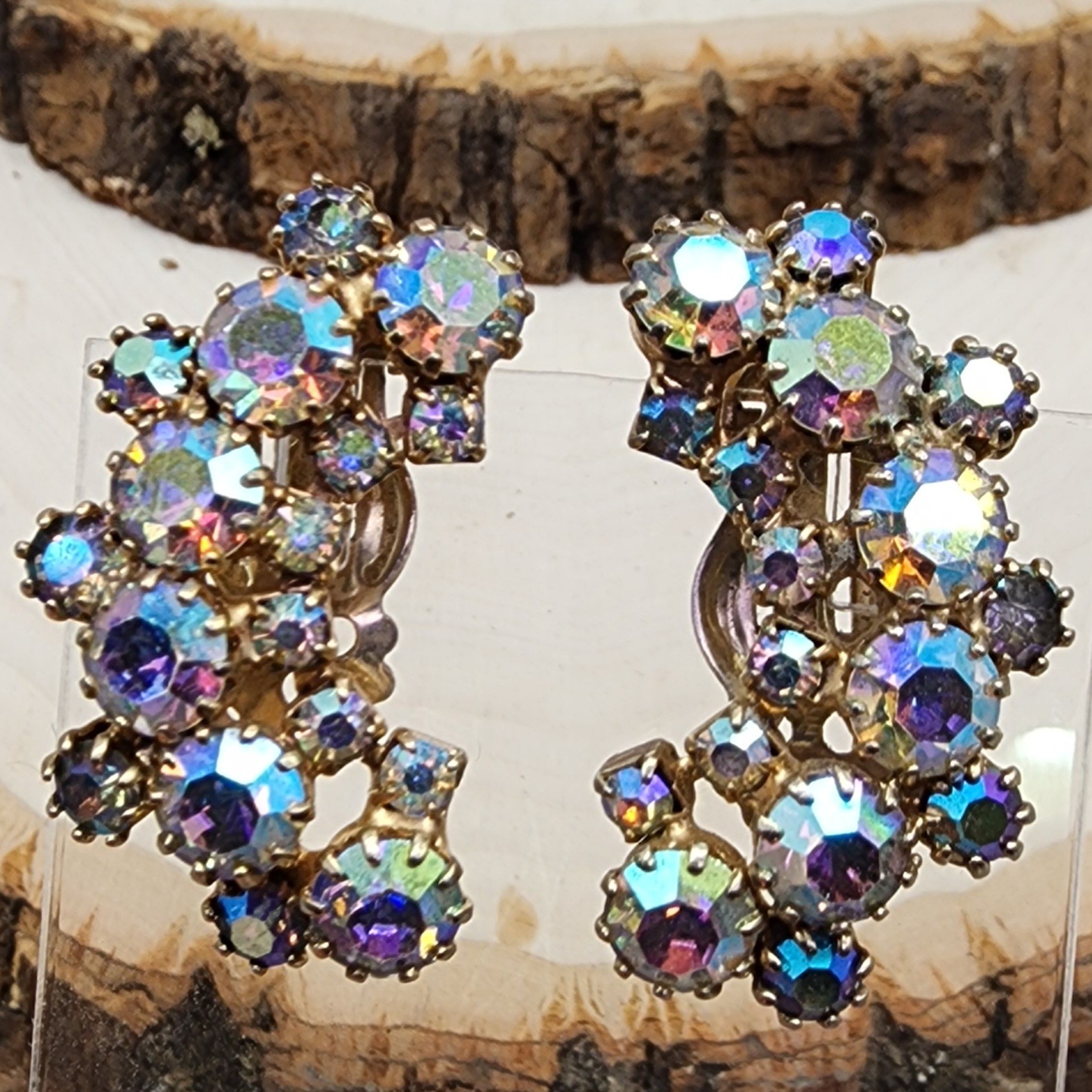 Weiss Aurora Borealis Rhinestone Iridescent 1.25″ Crescent Clip Earrings VTG