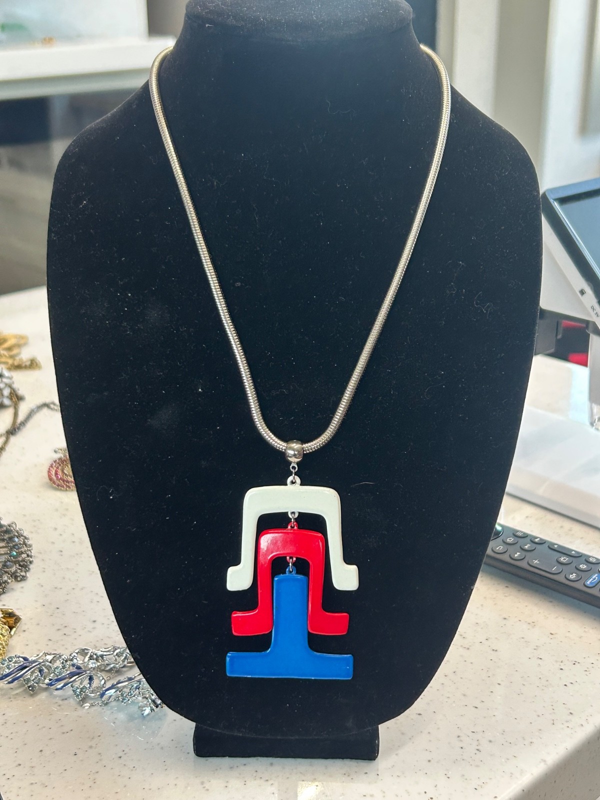Lisner Art Deco red white and blue necklace