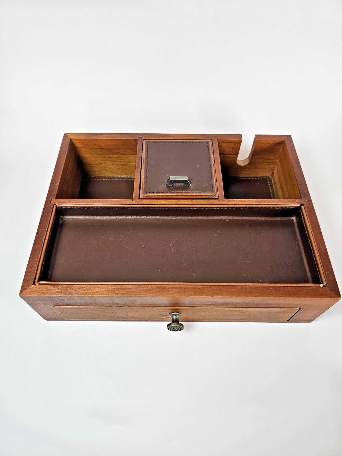 Wooden Valet Tray Dresser Organizer Box Drawer Faux Leather Ring Rolls Charge