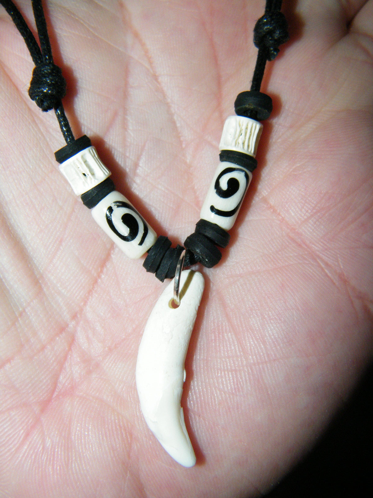 White Coyote Tooth Necklace REAL Teeth Black White Beads 16″-28″ Black Cord NEW!