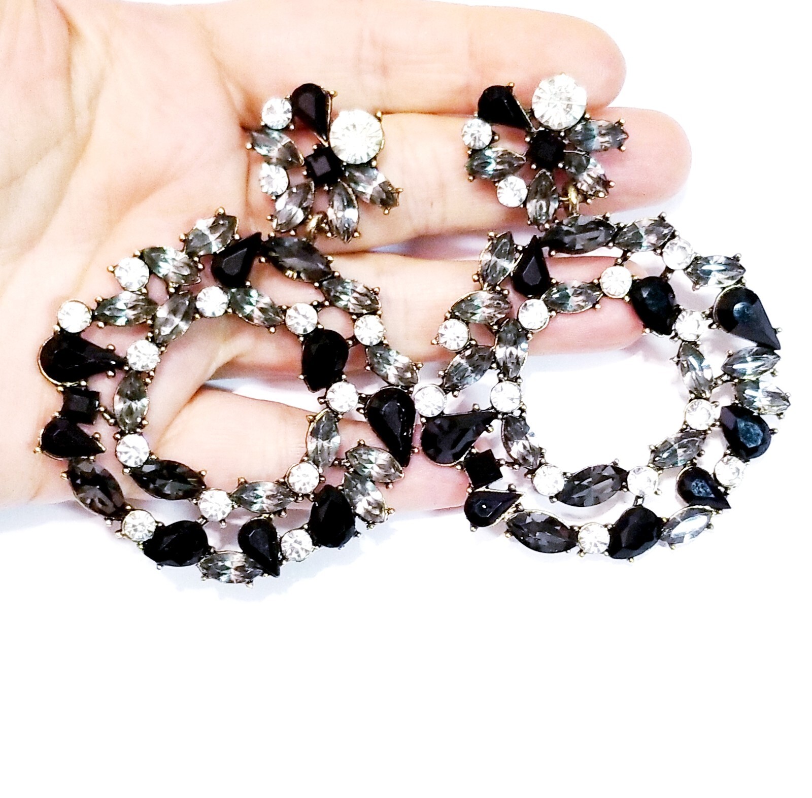 Chandelier Rhinestone Crystal Pageant Bridal Earrings Black Hoops Dangle 2.8 in