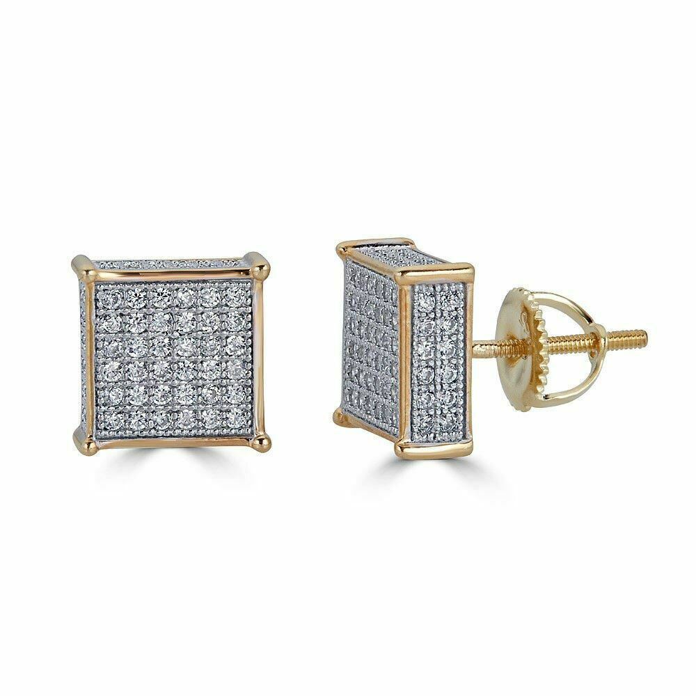 Men’s 14k Gold Plated REAL 925 Silver 3/8″ Square Cube Stud Earrings CZ