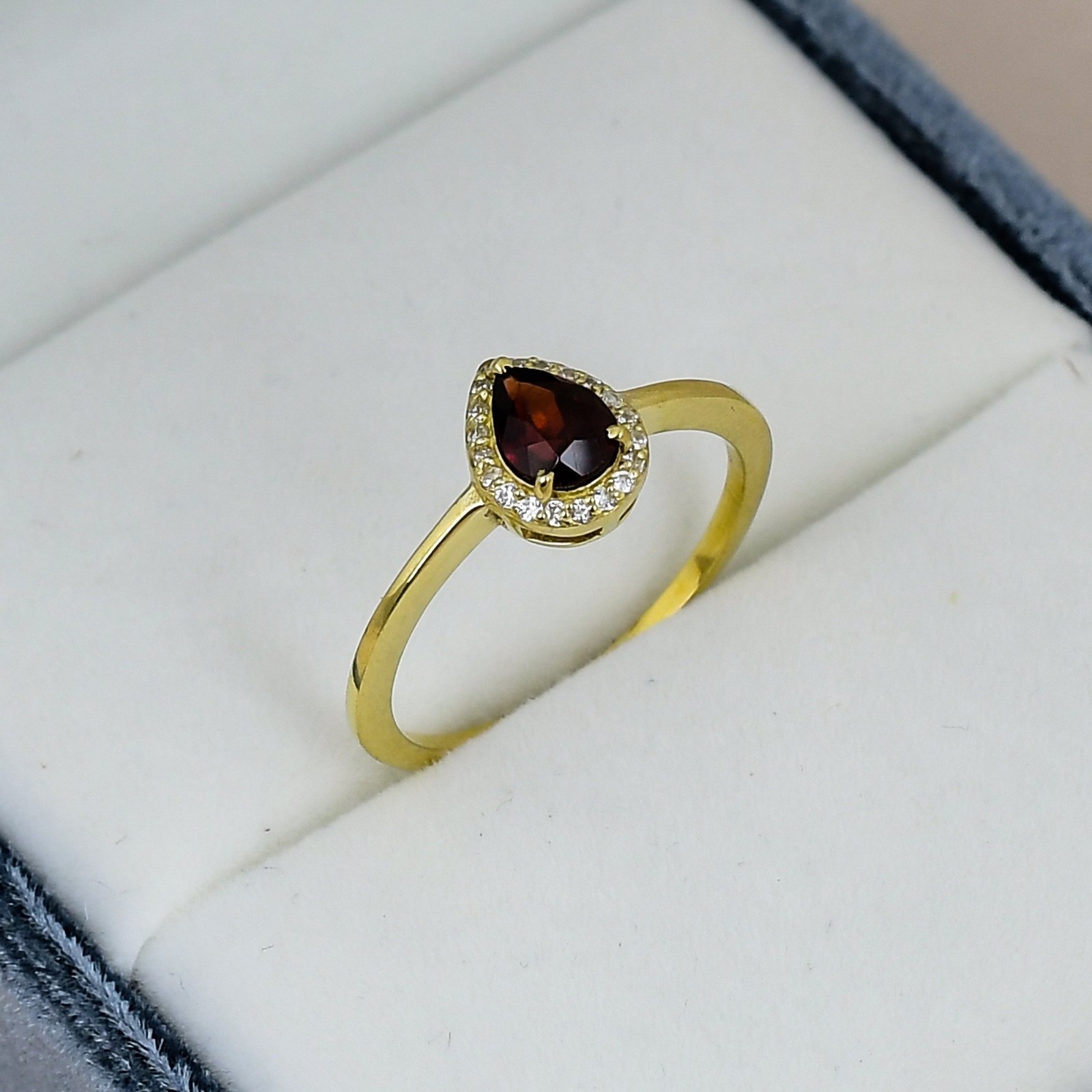 Garnet Pear Halo Ring 5x7mm 18K Gold Plated 925 Silver January Birthstone