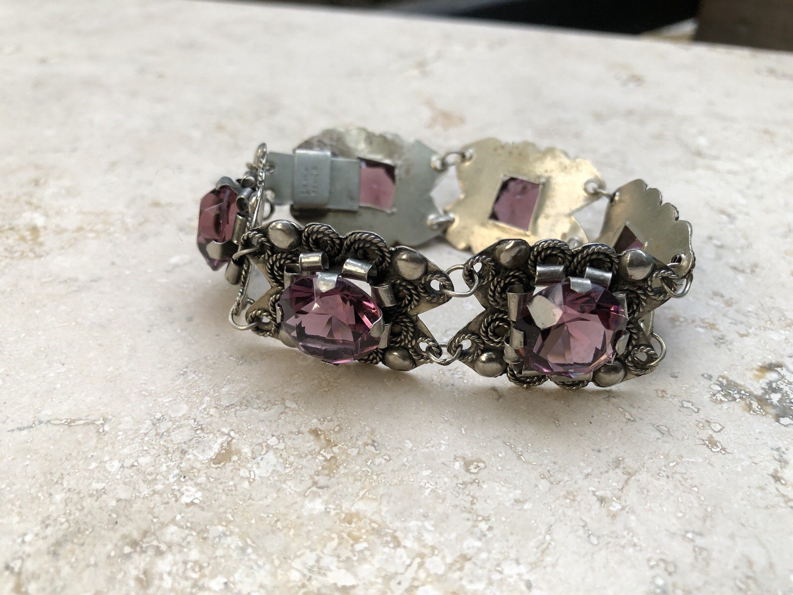 🌟🍇Vintage MEXICO STERLING SILVER Purple Color Stones STATEMENT PANEL Bracelet