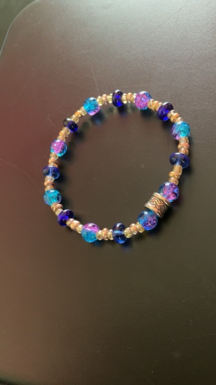 Handmade Blue/Purple/Gold Glass Beaded Bracelet #118, Round Beads, Stackable
