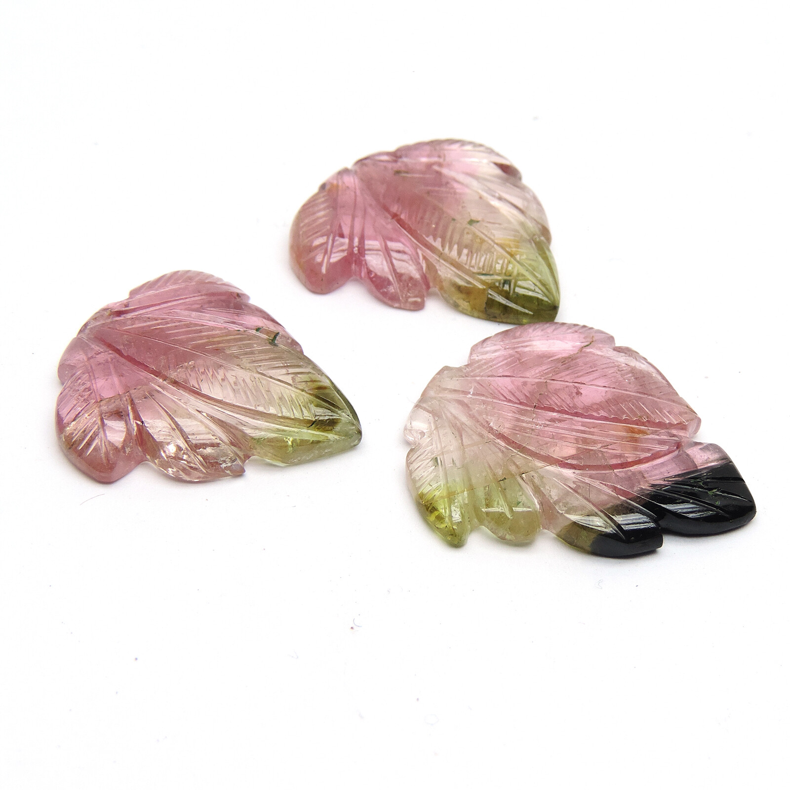 Huge Bi colour watermelon Tourmaline gemstone Leaf carving 3 pcs set,
