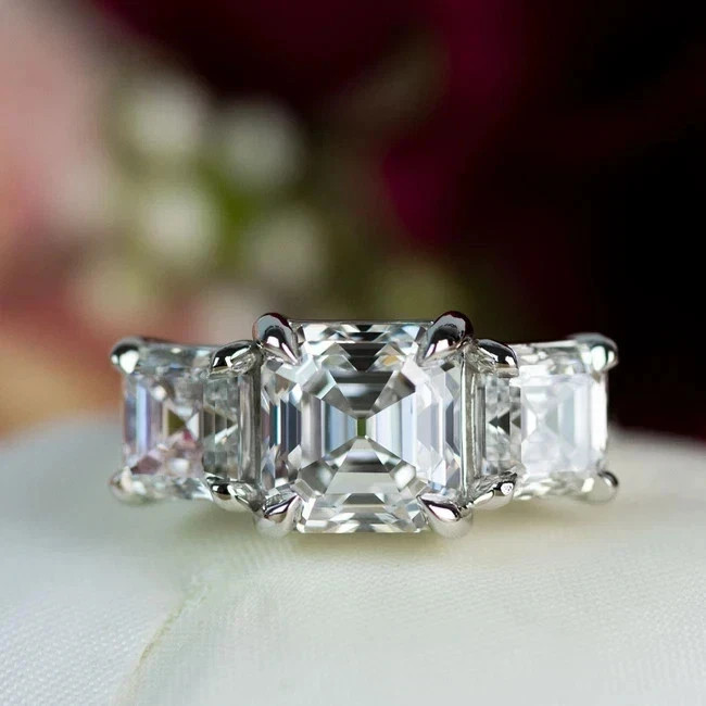 4.00Ct Asscher F-VS1 Lab Grown Diamond Three Stone Wedding Ring 14K White Gold