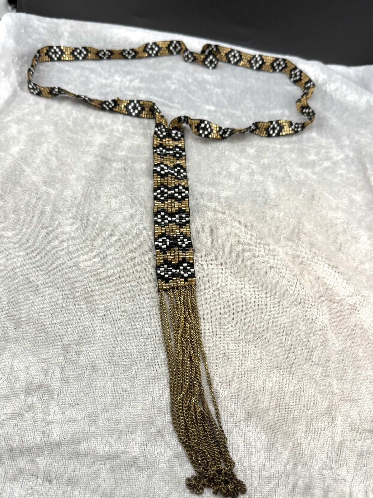 Vintage Southwestern Fringe Beaded Y Tassel Necklace Gold Black White Statement