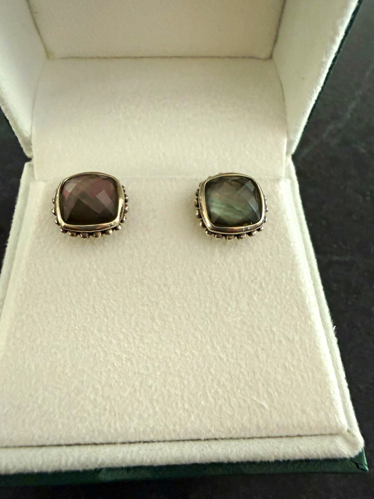 Lagos 925 Sterling Silver Gray Cushion Stud Earrings Bezel Butterfly Signed
