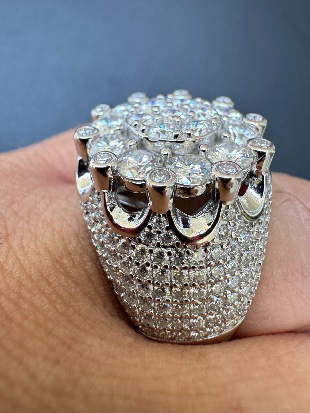 7.5ct MOISSANITE Large Stone Crown Iced Hip Hop Ring Real 925 Sterling Silver