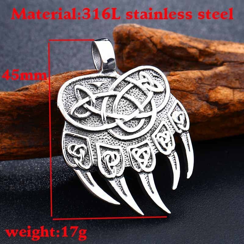 MENDEL Mens Viking Trinity Knot Bear Claw Paw Pendant Necklace Stainless Steel