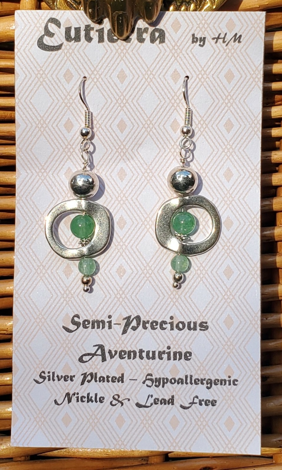 Eutierra Semi-Precious Aventurine Earrings Hand Crafted In USA Silver Plated 2″