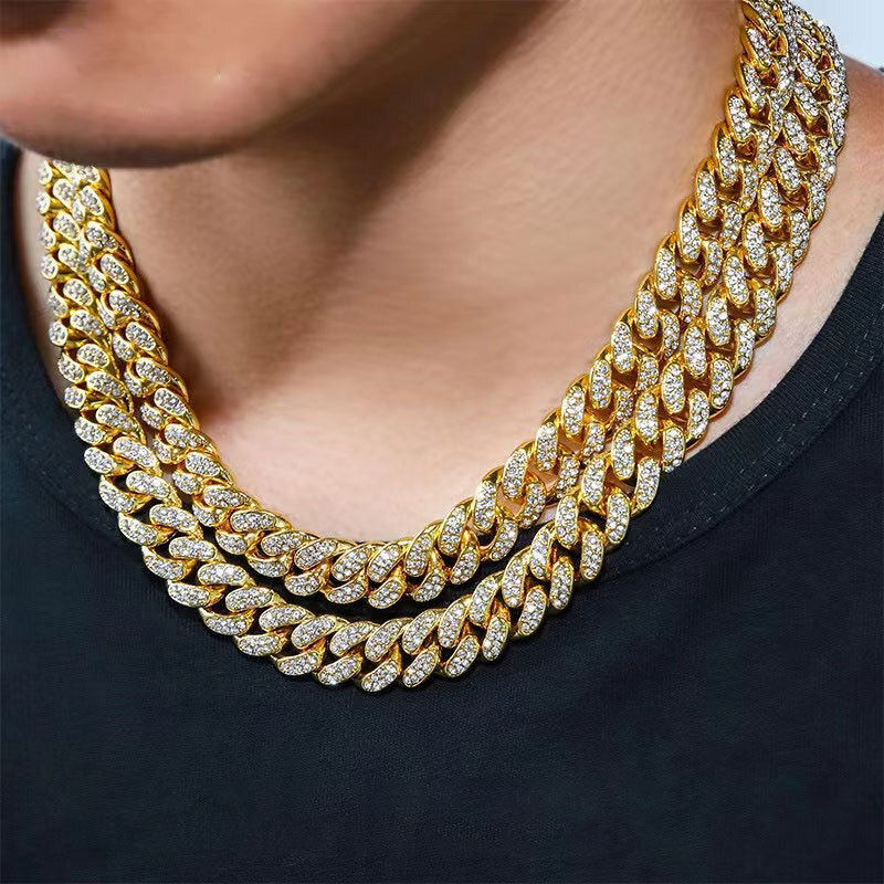 Hip Hop Iced CZ Out Cuban Chain Set Gold Plated Cuban Link Chain Necklace 12MM