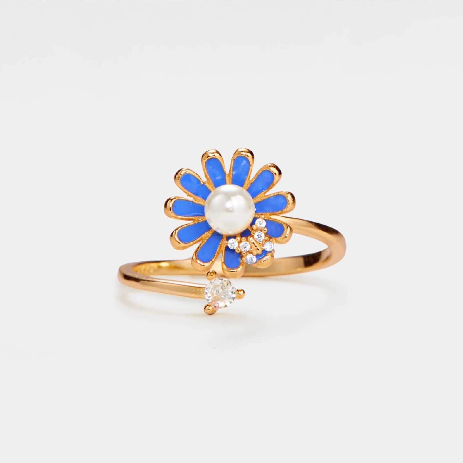 Blue Daisy Pearl Butterfly Flower Fidget Spinner Ring in 925 Sterling Silver