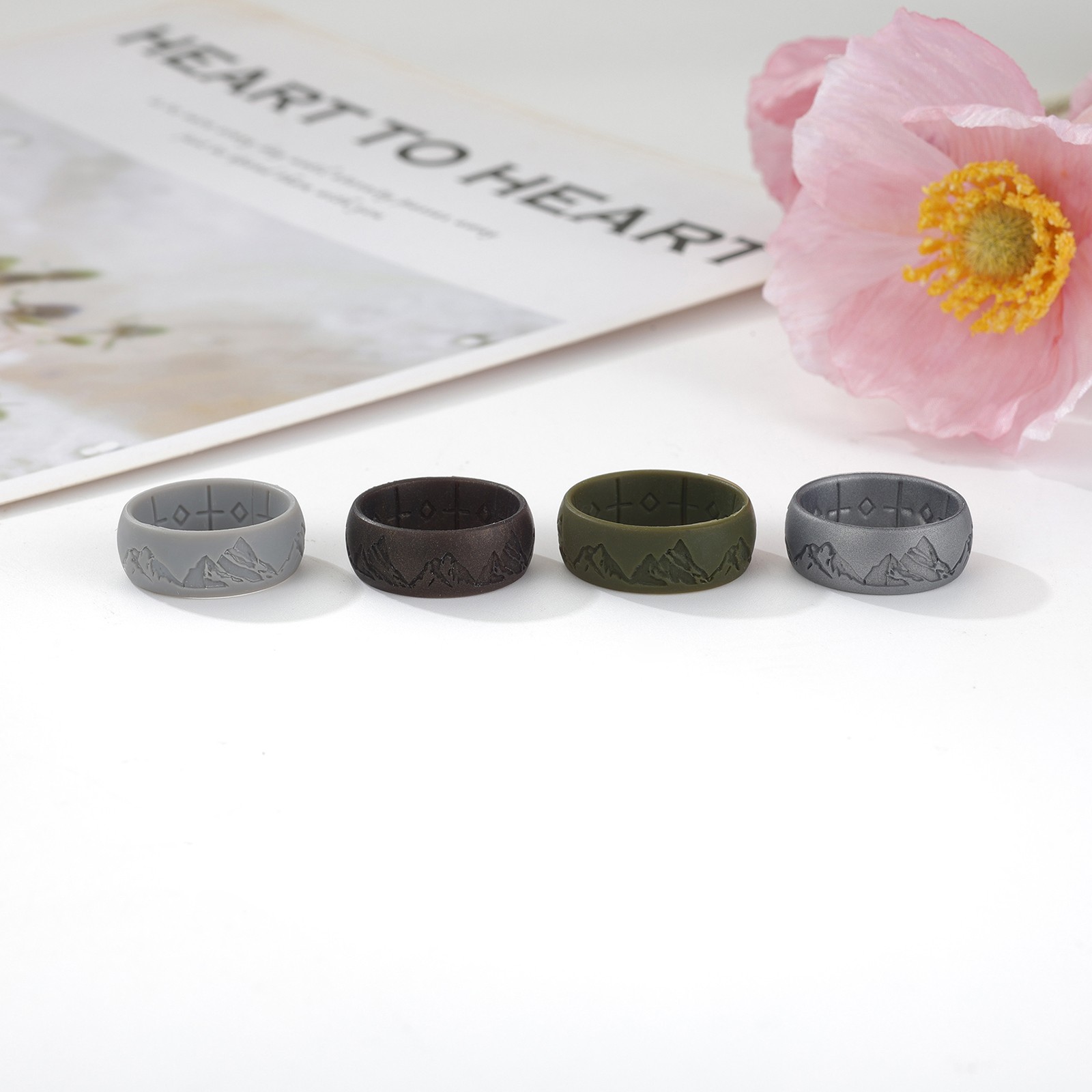 4 Pack Men’s Silicone Wedding Ring Mountain Pattern Sports Rubber Band Size 8-12