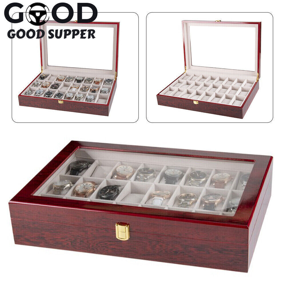 24 Slots Walnut Wooden Wrist Watch Box Display Case Organizer Jewelry Storage