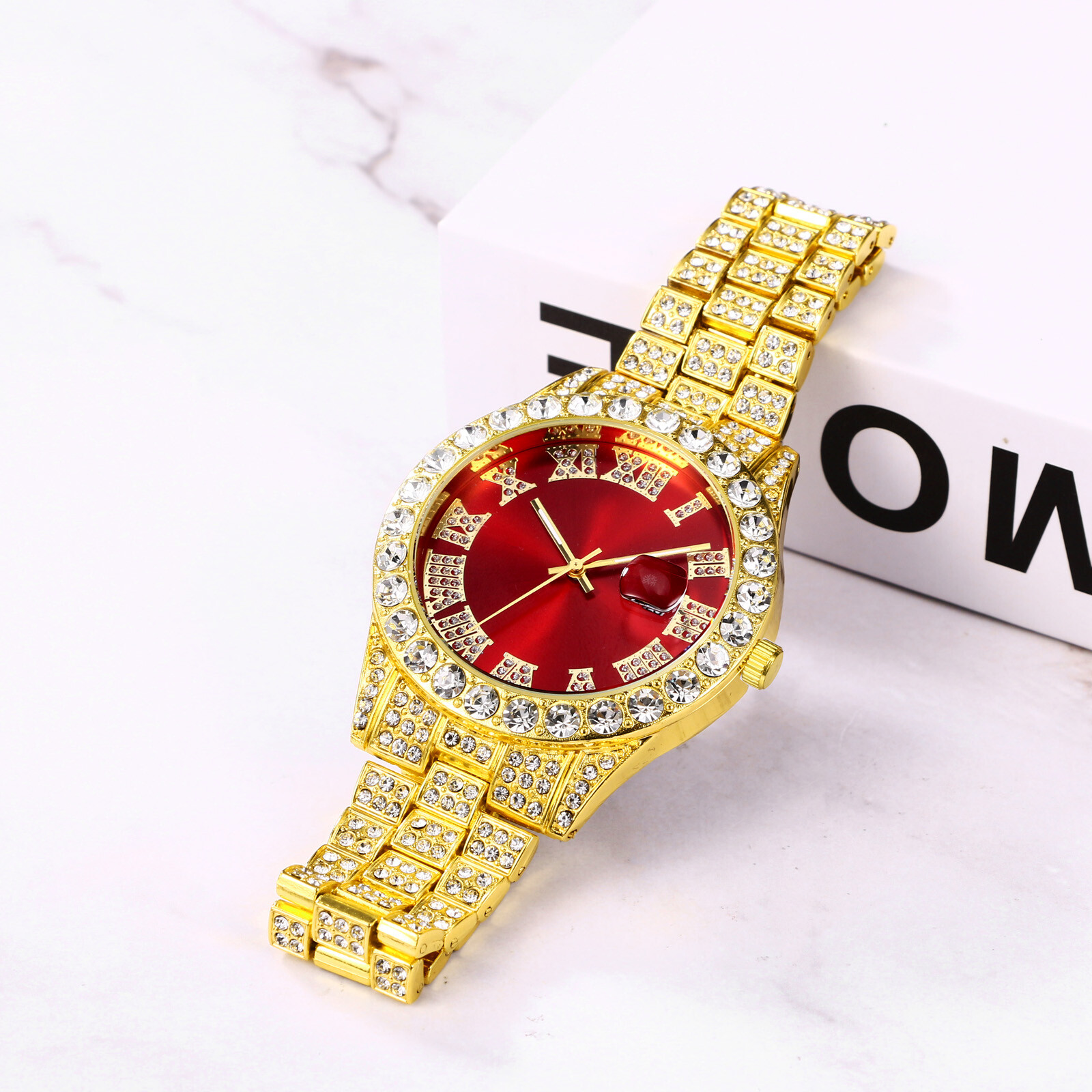 Hip Hop Men CZ Iced Round Stainless Steel Date Quartz Wrist Watch Cuban Bracelet