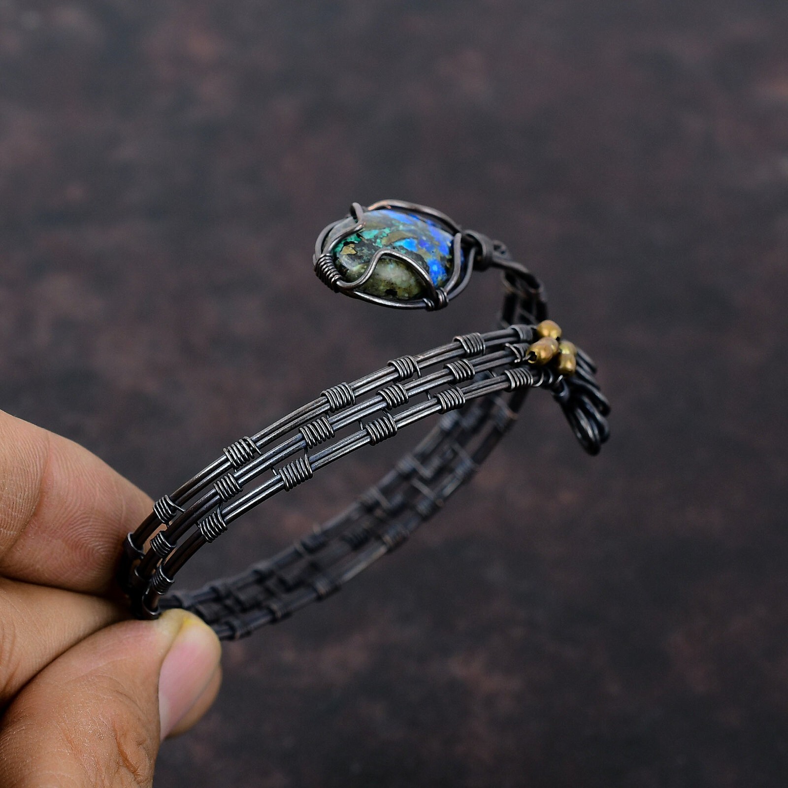 Azurite Malachite Wire Wrapped Adjustable Cuff Handcrafted Copper Unique Gift