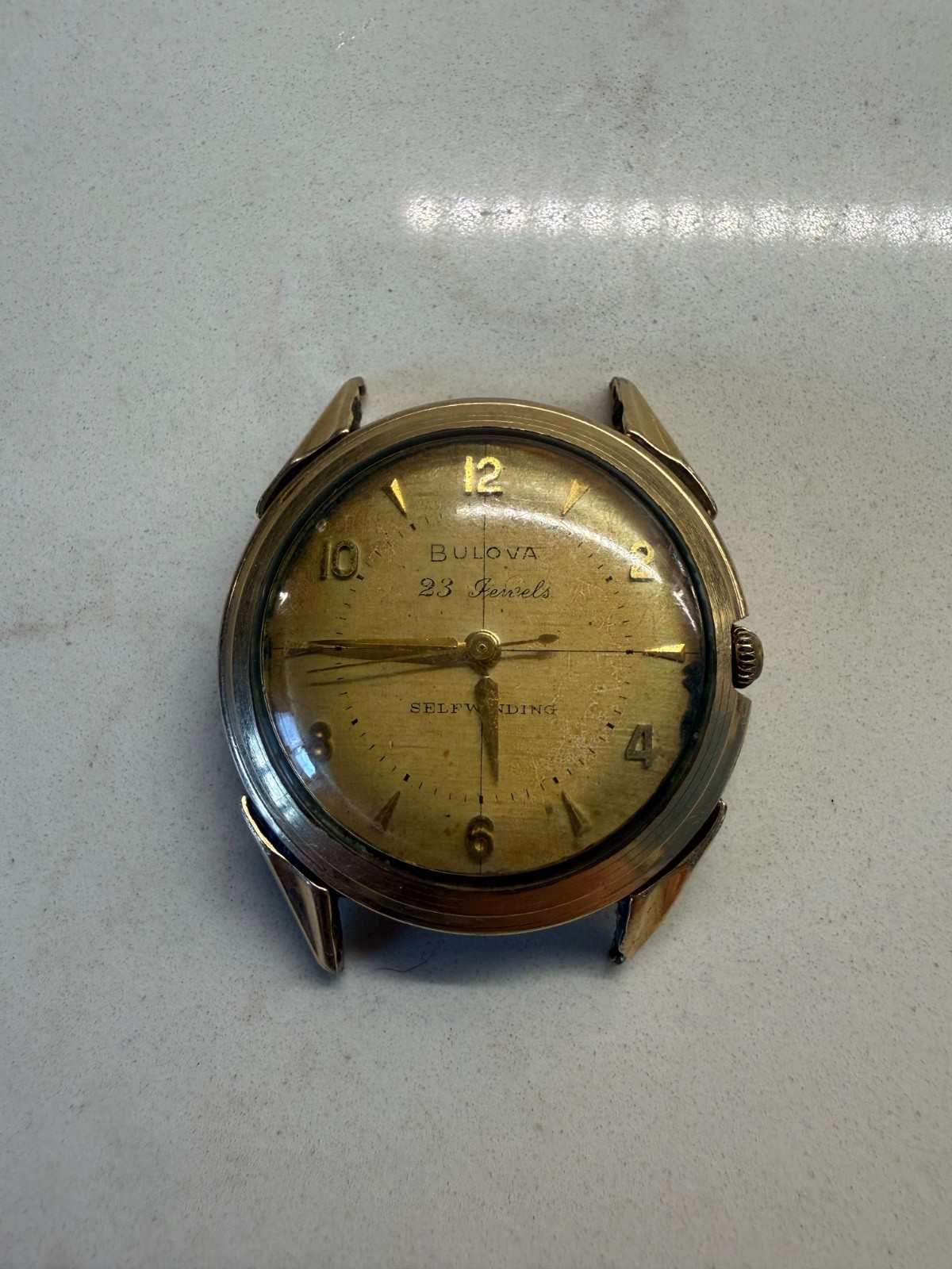 Vintage 1958 Bulova 23 Jewel Self Winding Watch Gold Tropical Linen Dial