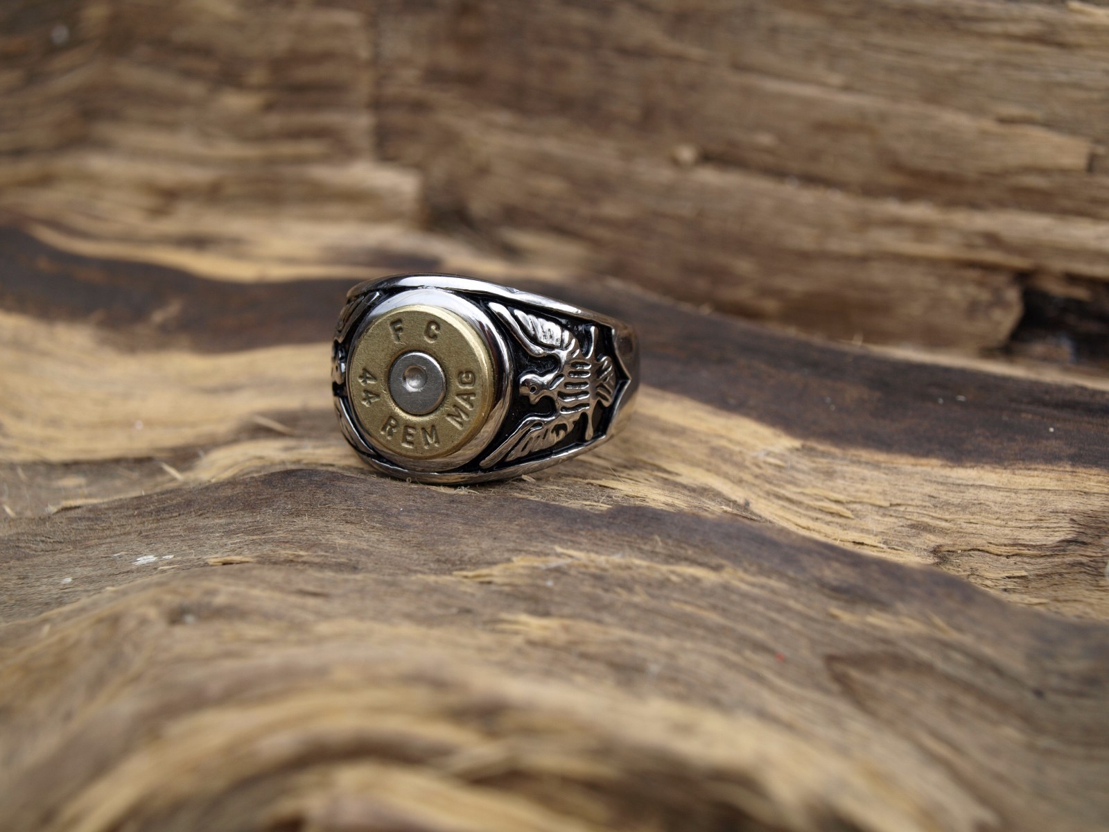Stainless Steel Eagle Bullet Ring. 44 Mag Casing. Optional Glass Crystal