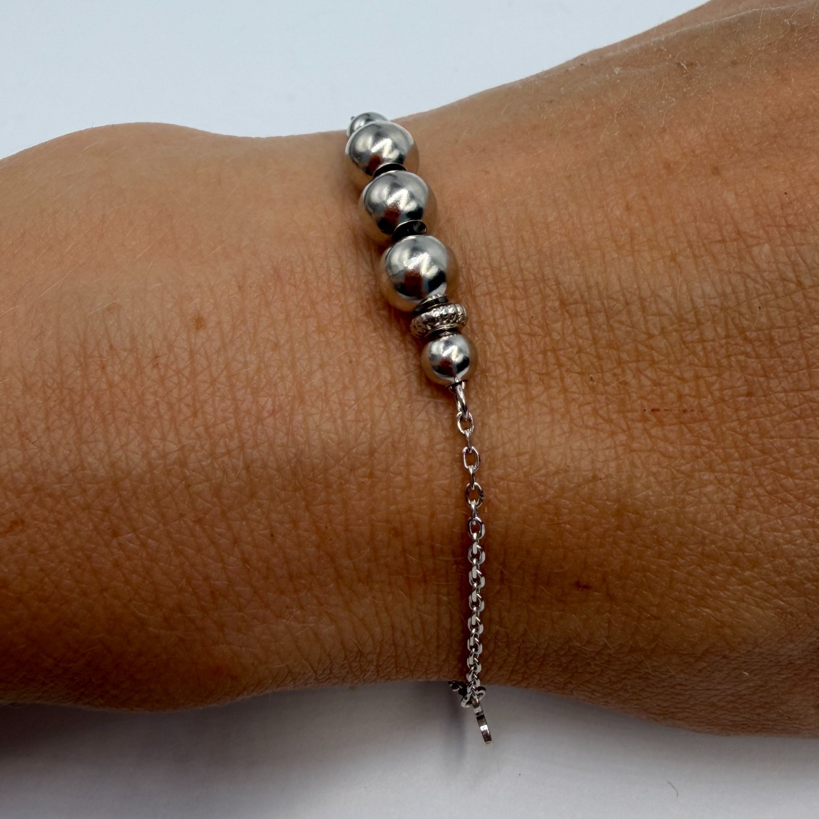 Sterling Silver Graduated Bead Heart Bracelet Adjustable Chain Link Women Gift